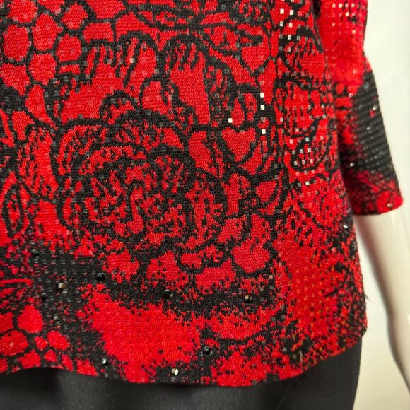 St. John Vintage Evening Red & Black Floral Sequin Knit Top Size Small - Picture 15 of 16